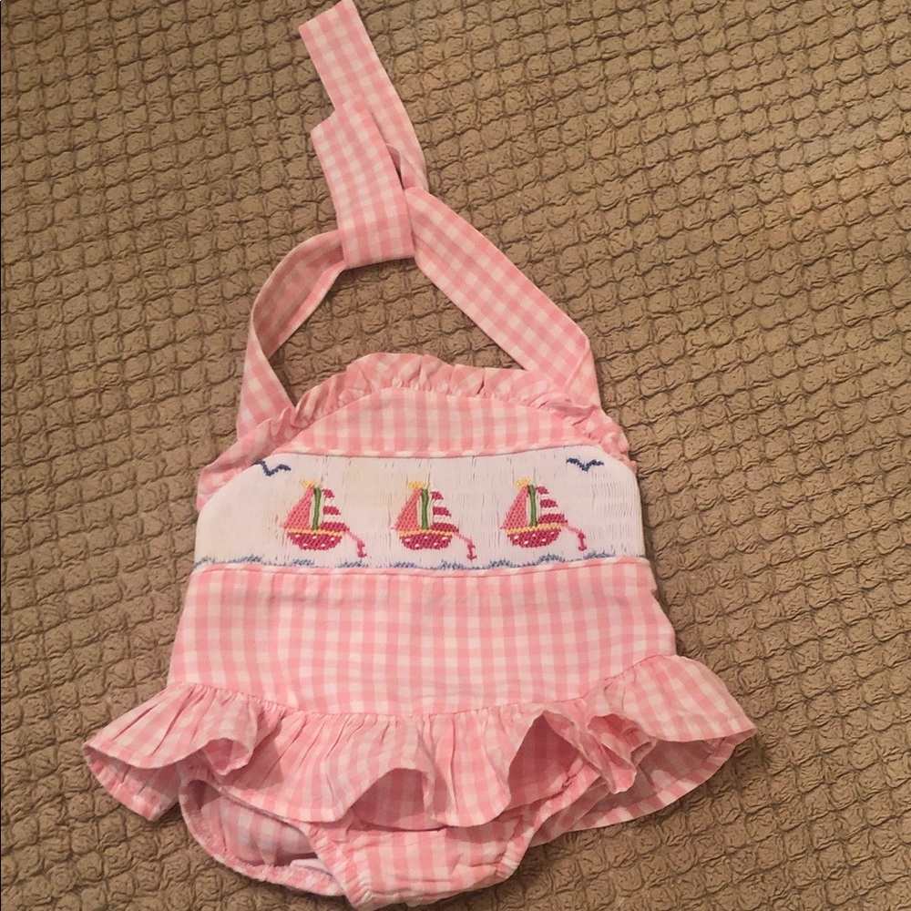 Pink Gingham Smocked Sailboat One-Piece for Kids
